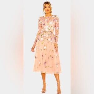 MAC DUGGAL 5716
Pink Sequined Floral Long Sleeve High Neck Midi Dress